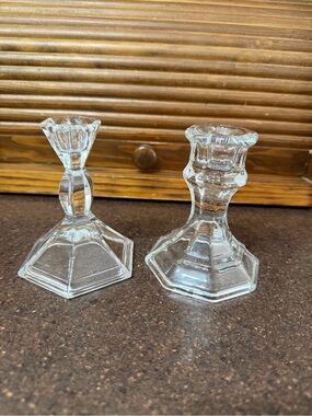 Vintage Clear Glass Candlestick Holders Mismatched Pair Cottagecore Decor